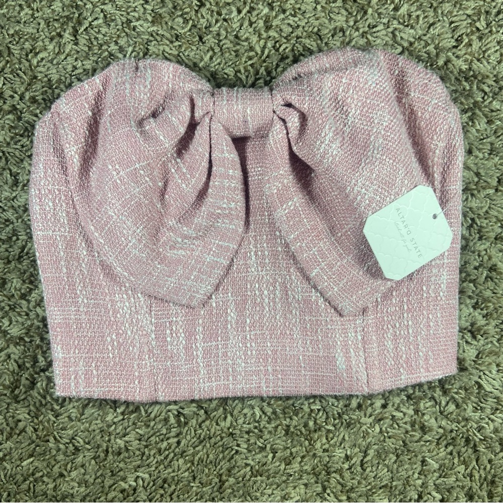 NWT Altar'd State Pink Tweed Bow Tube Top Strapless Crop Top Sz XXS Party Bridal